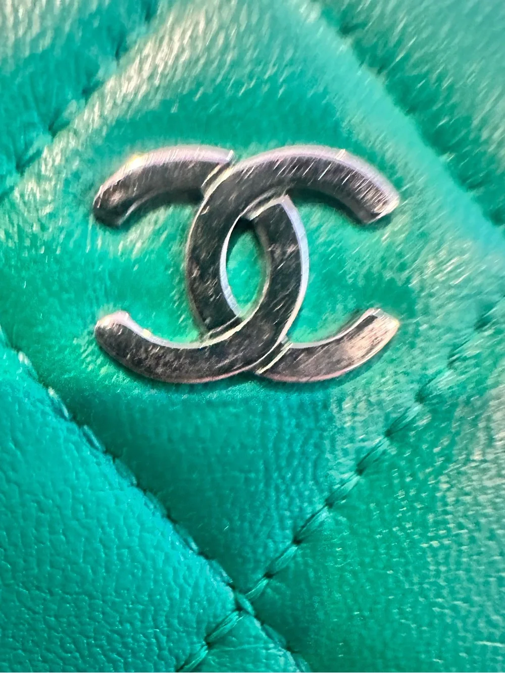 CHANEL Green Quilted Zip Wallet with Silver CC